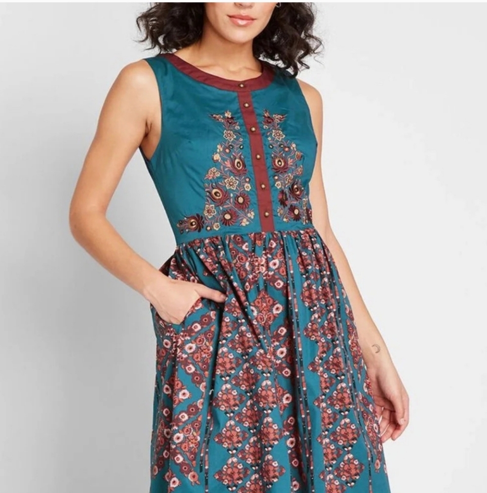 Modcloth Teal and Burgundy Floral Midi Dress